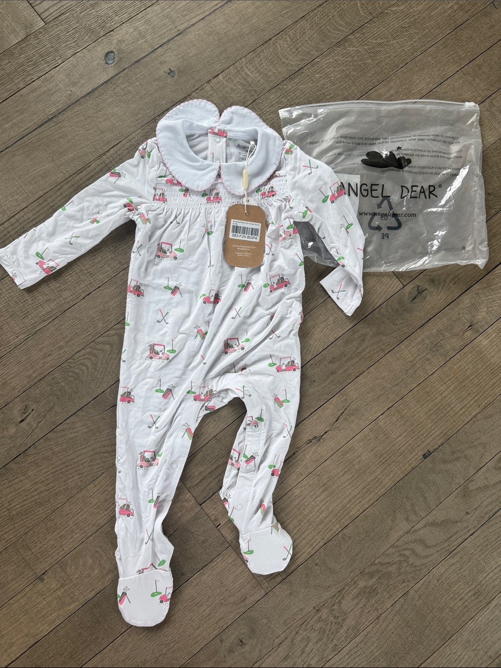 Angel Dear White One-Piece with Pink and Green Golf Cart Print